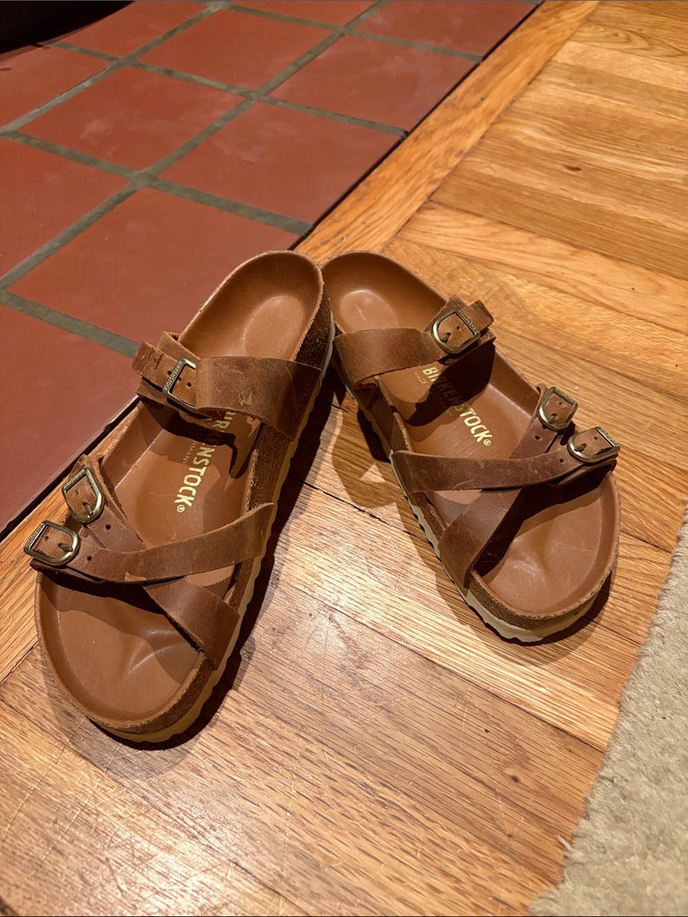 Birkenstock women’s Cognac Brown Two-Strap Franca Leather Sandals